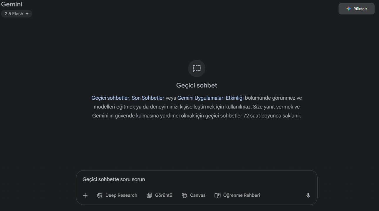 Google Gemini Geçici sohbet